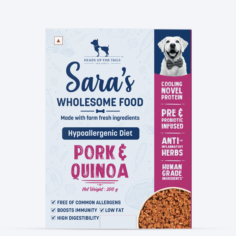 Sara's Wholesome Hypoallergenic Diet Pork & Quinoa Dog Wet Food, 300 g, features farm-fresh ingredients and low fat.