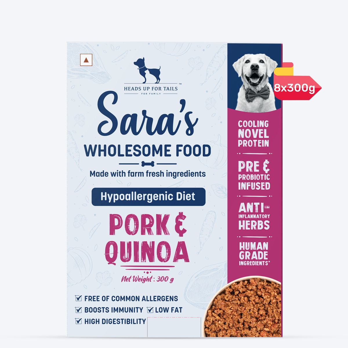 Sara's Wholesome Hypoallergenic Diet Pork & Quinoa Dog Wet Food, 300 g, features farm-fresh ingredients and low fat.