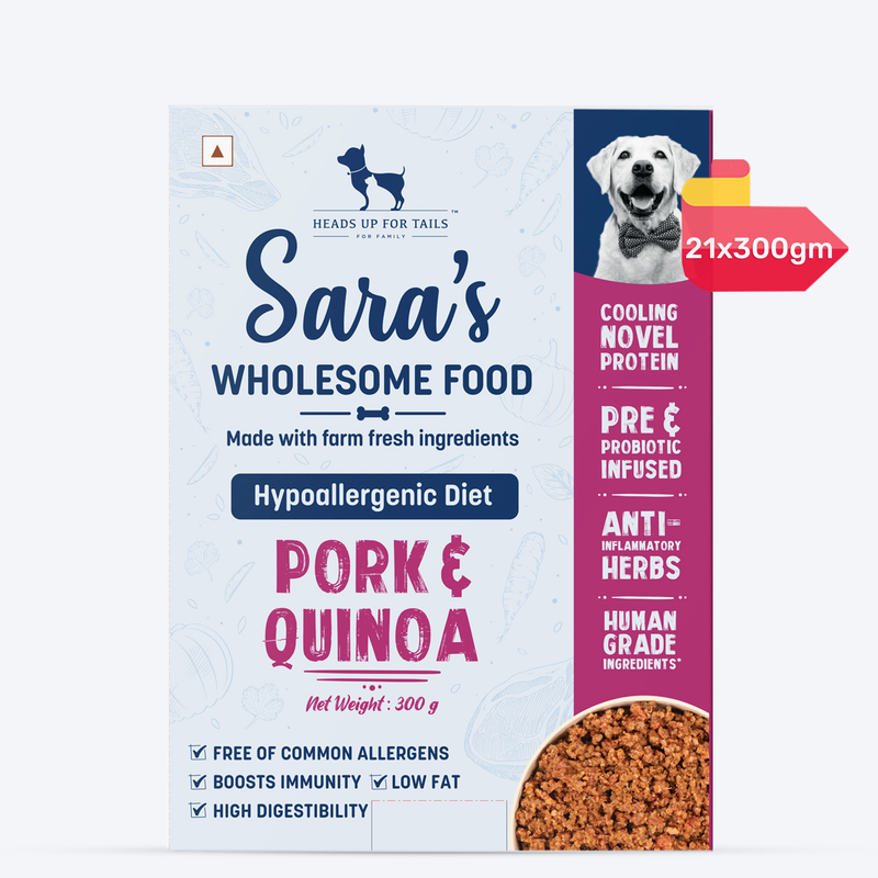 Sara's Wholesome Hypoallergenic Diet Pork & Quinoa Dog Wet Food, 300 g, features farm-fresh ingredients and low fat.