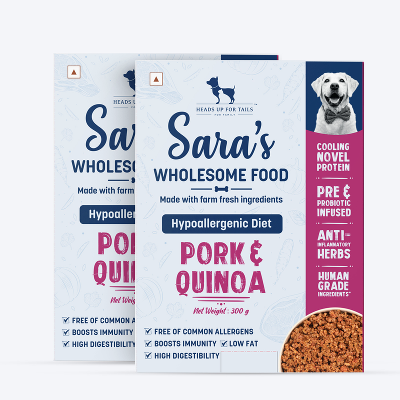 Sara's Wholesome Hypoallergenic Diet Pork & Quinoa Dog Wet Food, 300 g, features farm-fresh ingredients and low fat.