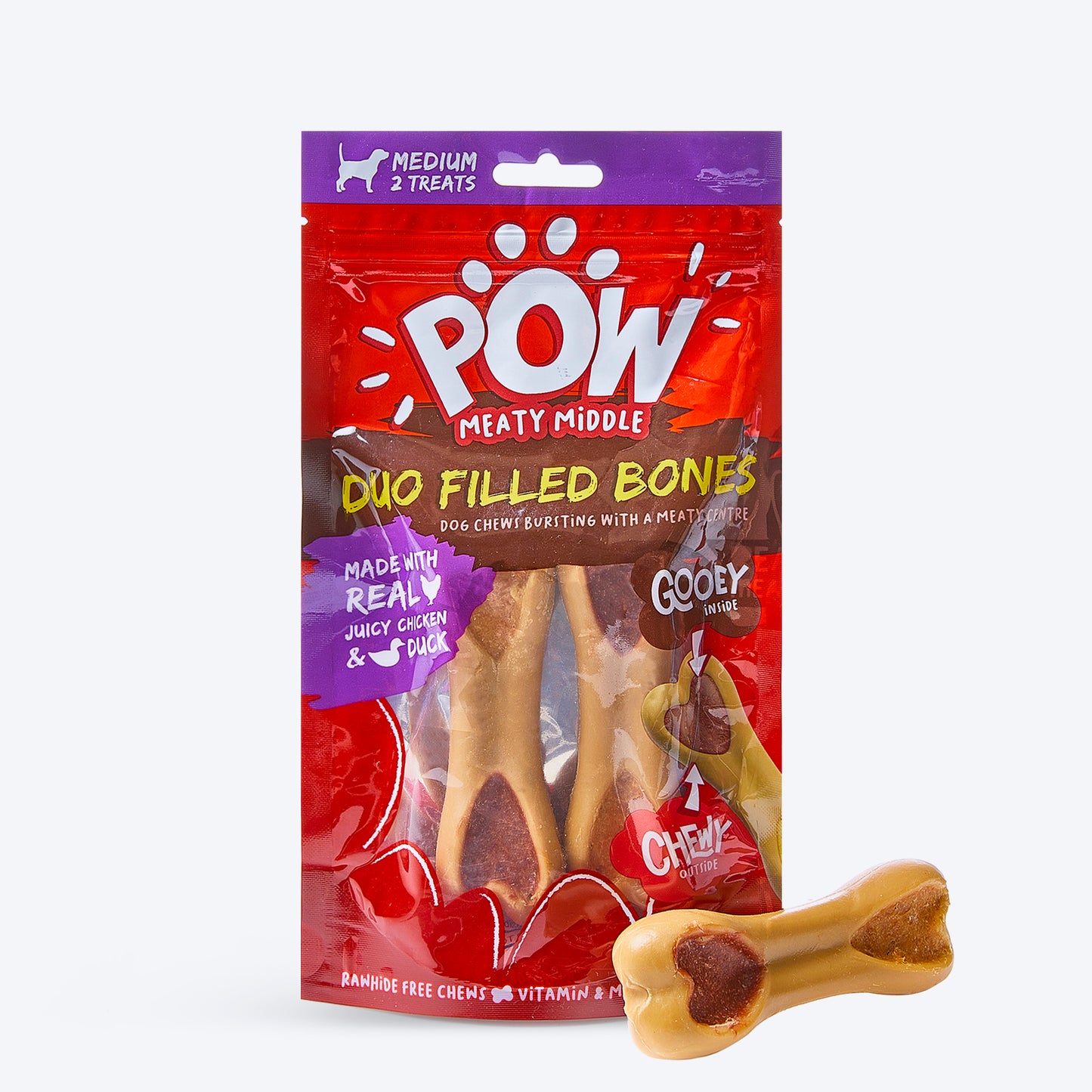 Pow Meaty Middle Duo Filled Bone Made With Real Juicy Chicken & Duck Treat For Dog - 128gm - Heads Up For Tails
