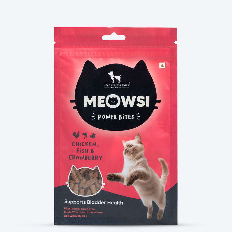Meowsi by HUFT Chicken, Fish & Cranberry Power Bites Cat Treats, 50 gm, supports bladder health with high protein.
