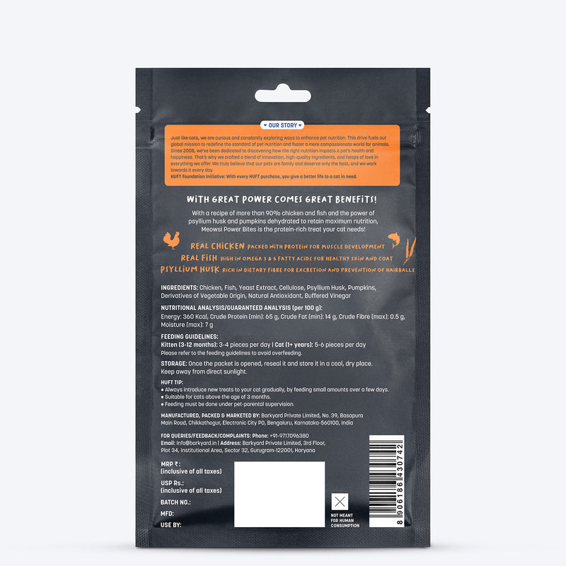 Meowsi by HUFT Power Bites, Chicken, Fish & Psyllium Husk, 50 gm, supports hairball control for cats.