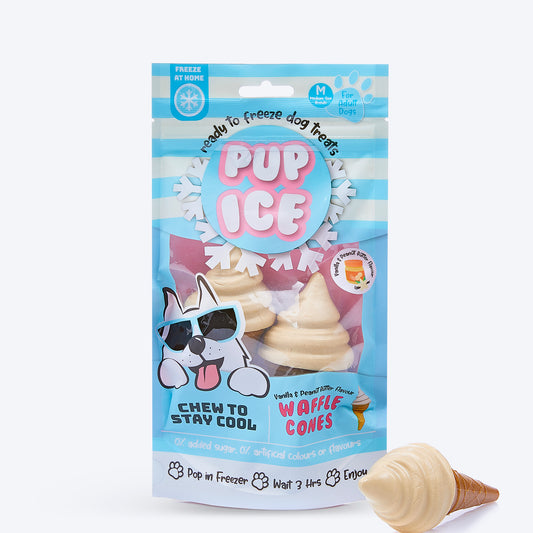 Pup Ice Waffle Cones Vanilla & Peanut Butter Ready To Freeze Treat For Adult Dog - 110 gm - Heads Up For Tails