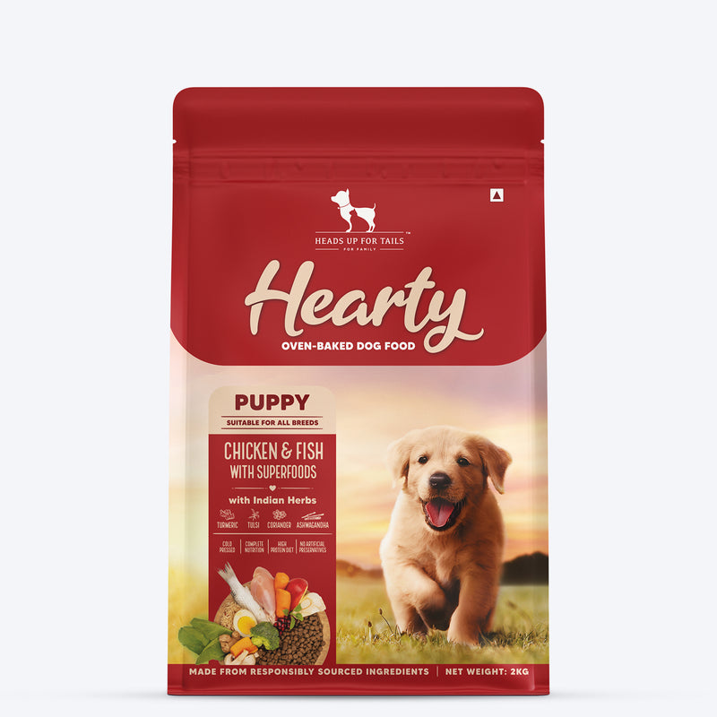Hearty Oven-Baked Puppy Food by Heads Up for Tails, Chicken & Fish with Superfoods, 250g, suitable for all breeds.