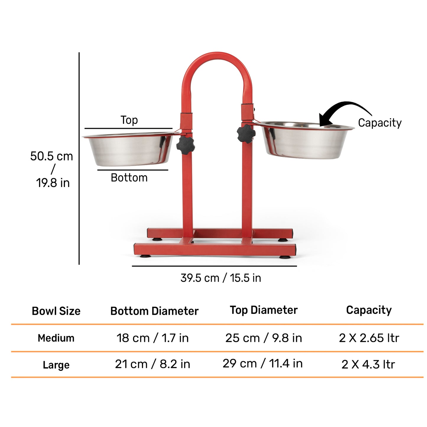 SUPER Premium Range U Shaped Double Diner Stand With Steel Dog Bowl Inserts - Red