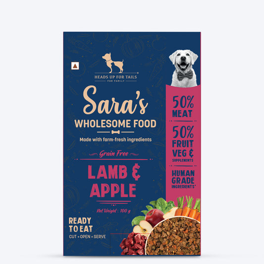 Sara's Wholesome Grain-Free Lamb and Apple Dog Food, 300 g, made with 50% meat and 50% fruit and vegetables.