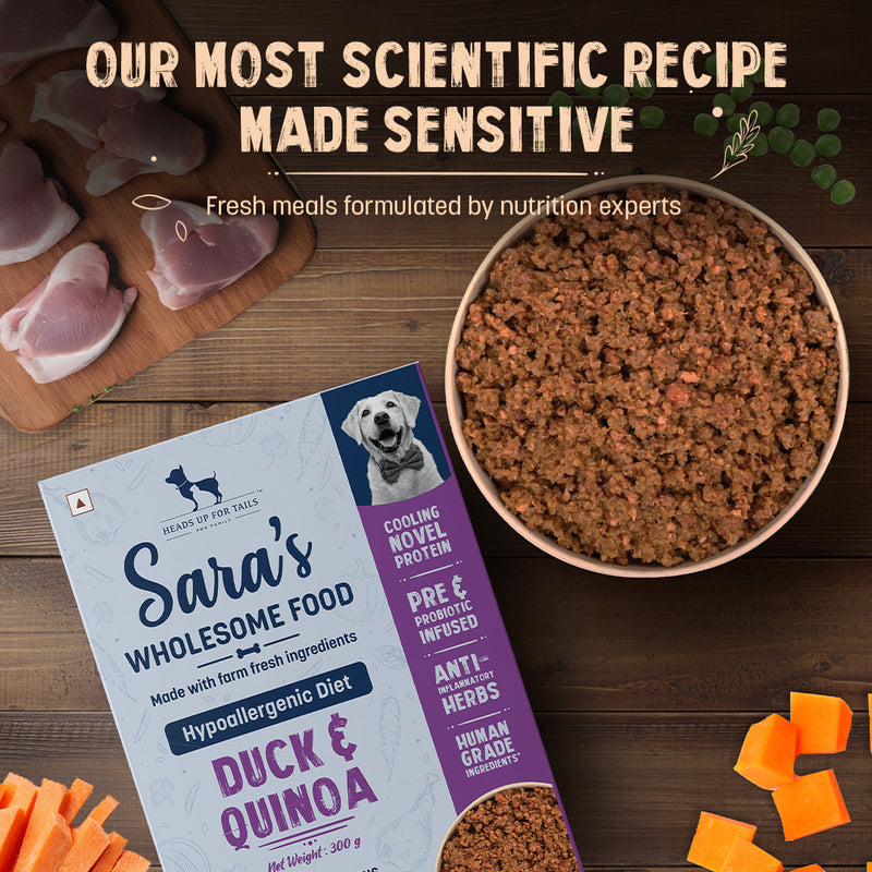 Sara's Wholesome Hypoallergenic Diet Duck & Quinoa Dog Wet Food, 300 g, made with farm-fresh ingredients.