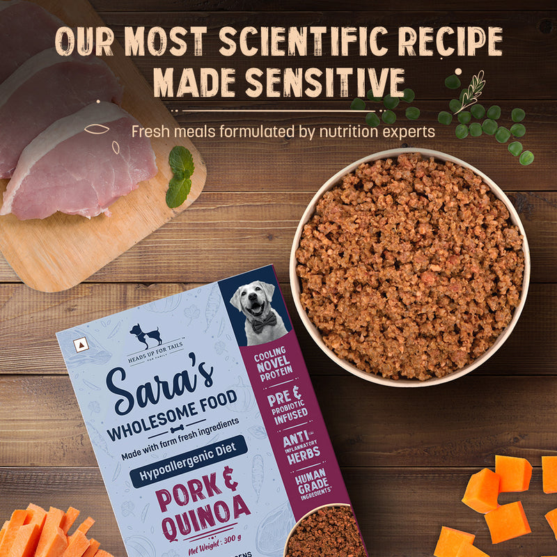 Sara's Wholesome Hypoallergenic Diet Pork & Quinoa Dog Wet Food, 300 g, features farm-fresh ingredients and low fat.