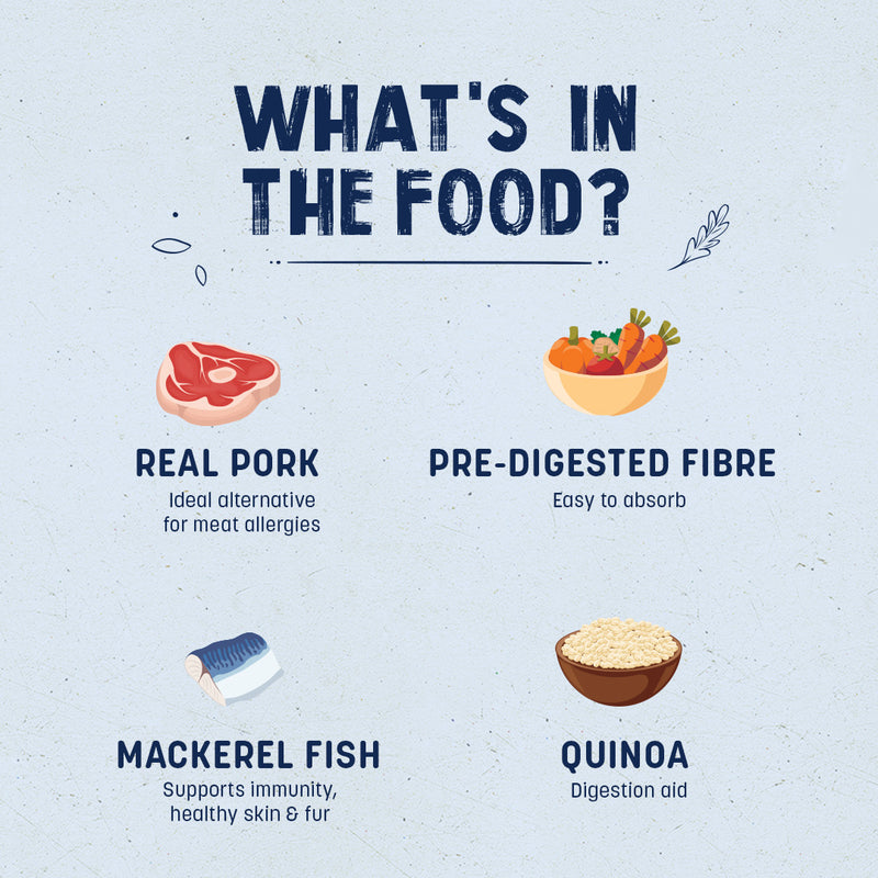 Sara's Wholesome Hypoallergenic Diet Pork & Quinoa Dog Wet Food, 300 g, features farm-fresh ingredients and low fat.