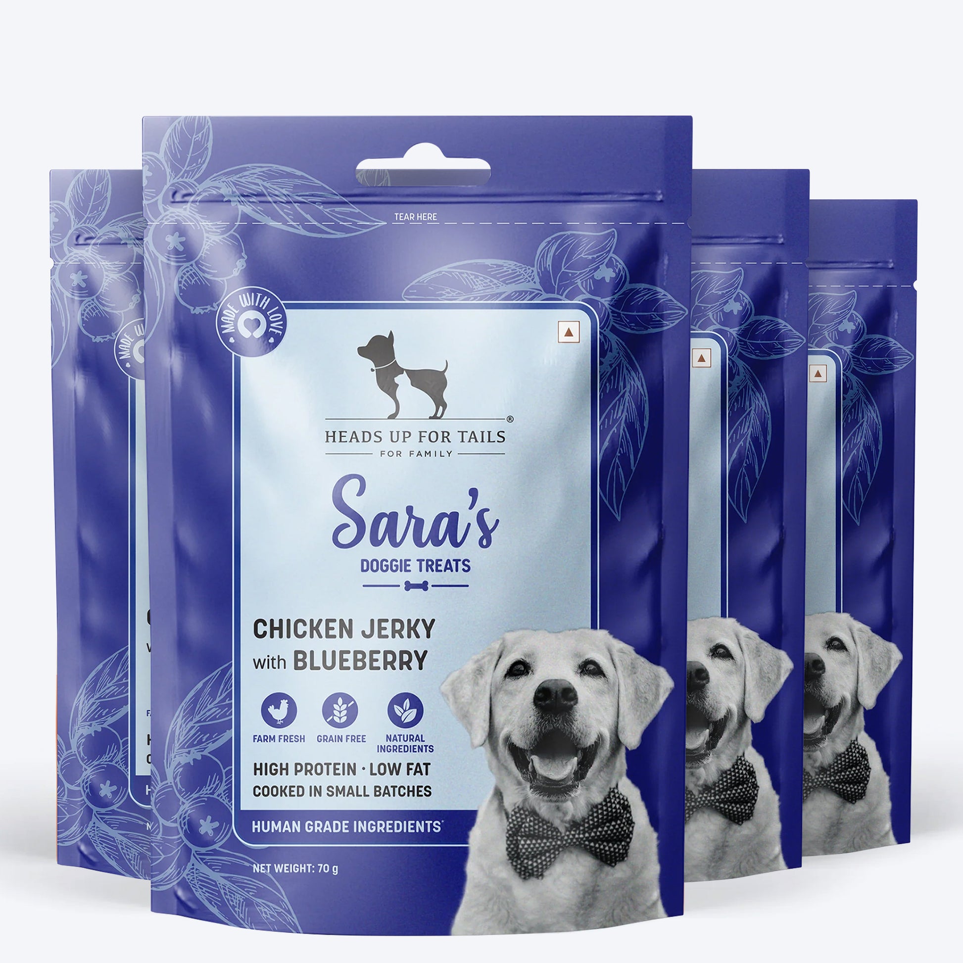 Sara's Doggie Treats Dehydrated Chicken Jerky with Blueberry for Dogs, 70 gm Grain-Free, High-Protein - Heads Up For Tails