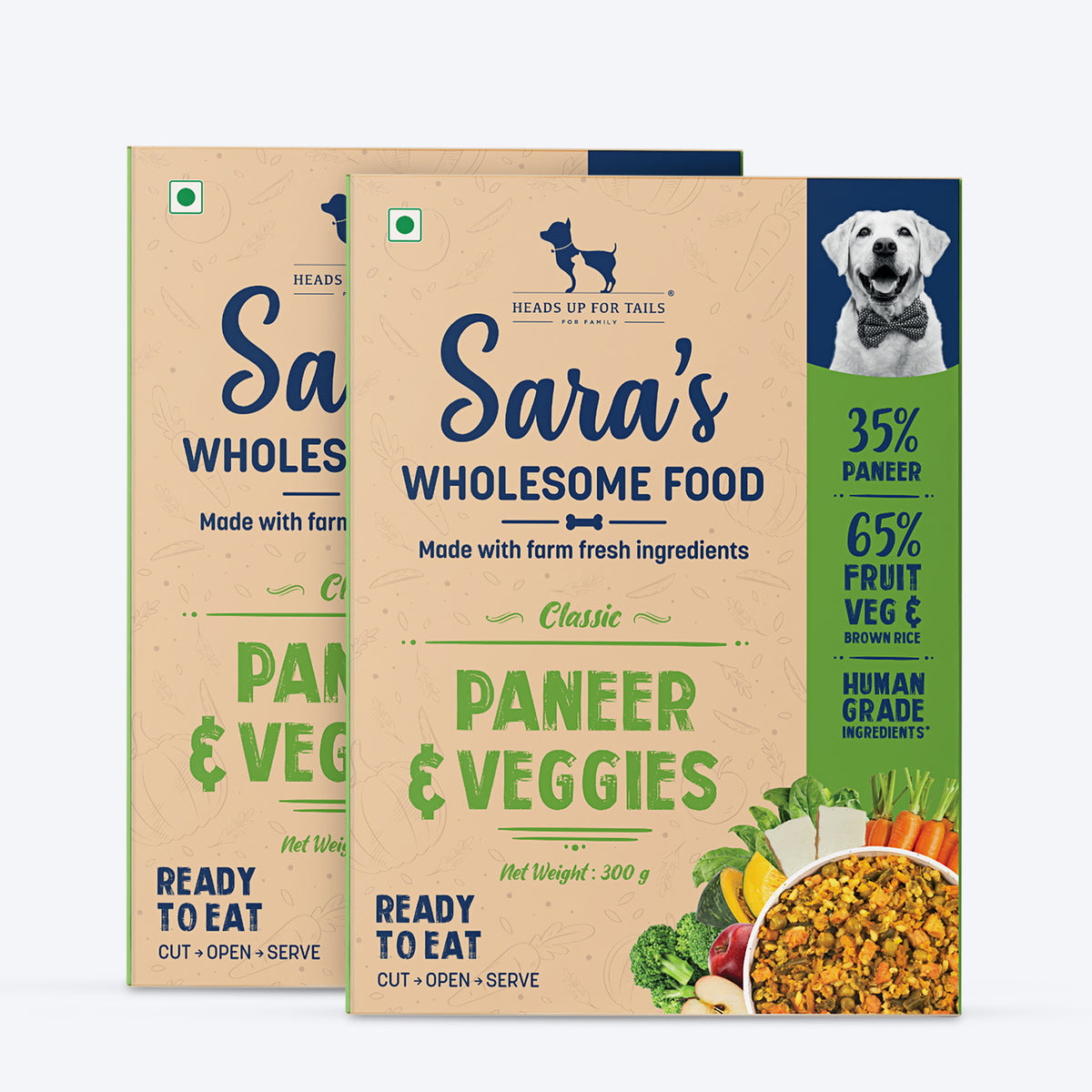 Sara's Wholesome Classic Paneer & Veggies Dog Food, 300 gm, features 35% paneer and 65% fruits, veggies, and brown rice.