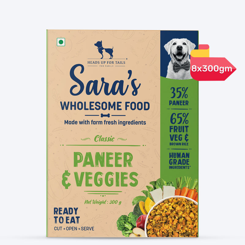 Sara's Wholesome Classic Paneer & Veggies Dog Food, 300 gm, features 35% paneer and 65% fruits, veggies, and brown rice.
