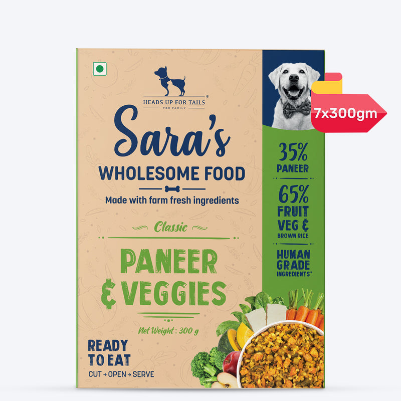 Sara's Wholesome Classic Paneer & Veggies Dog Food, 300 gm, features 35% paneer and 65% fruits, veggies, and brown rice.