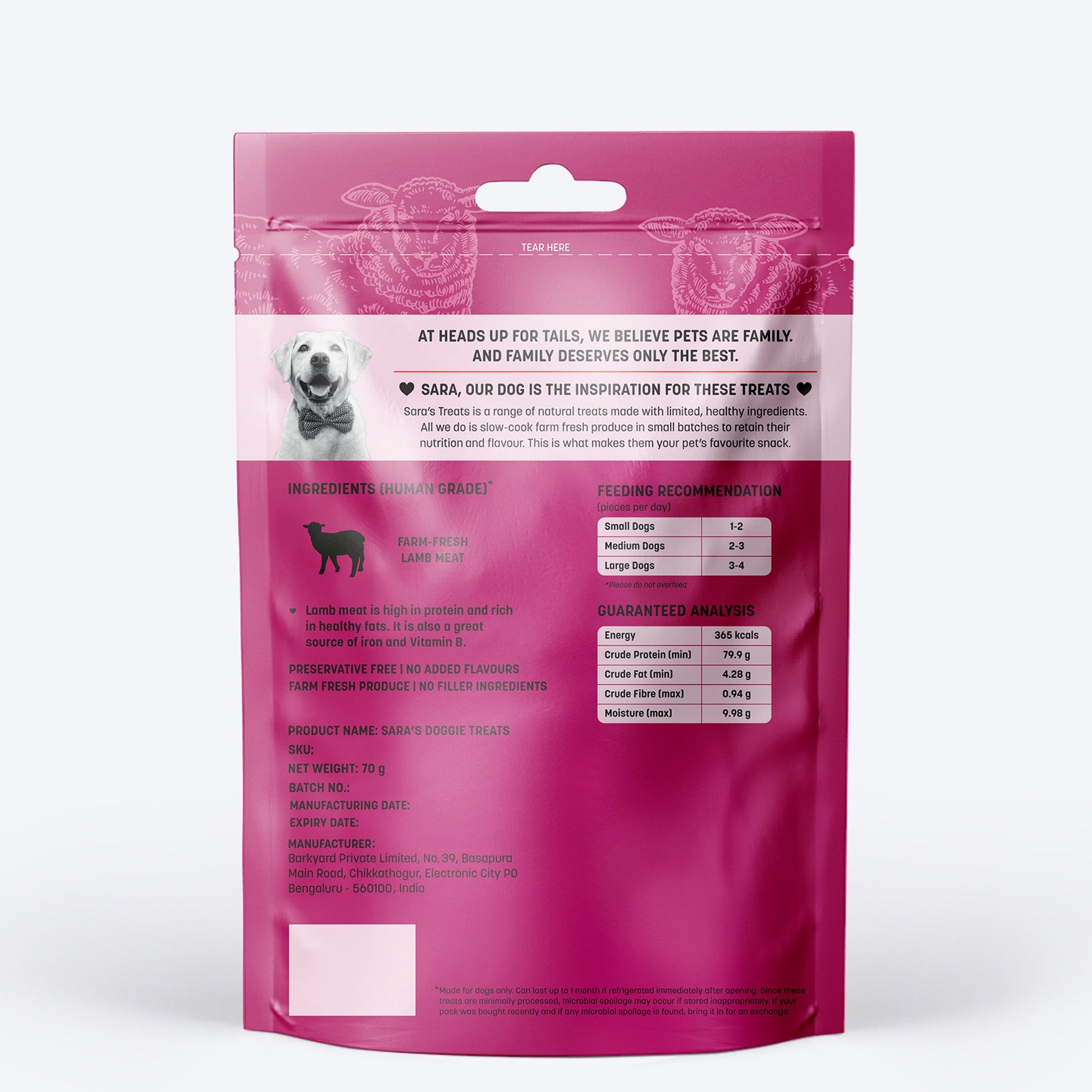 Sara's Doggie Treats - Dehydrated Lamb Jerky - 70 g - Heads Up For Tails