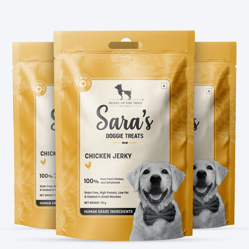 Sara's Doggie Treats Chicken Jerky, 70 g, made from 100% fresh chicken, grain-free, high protein, low fat.