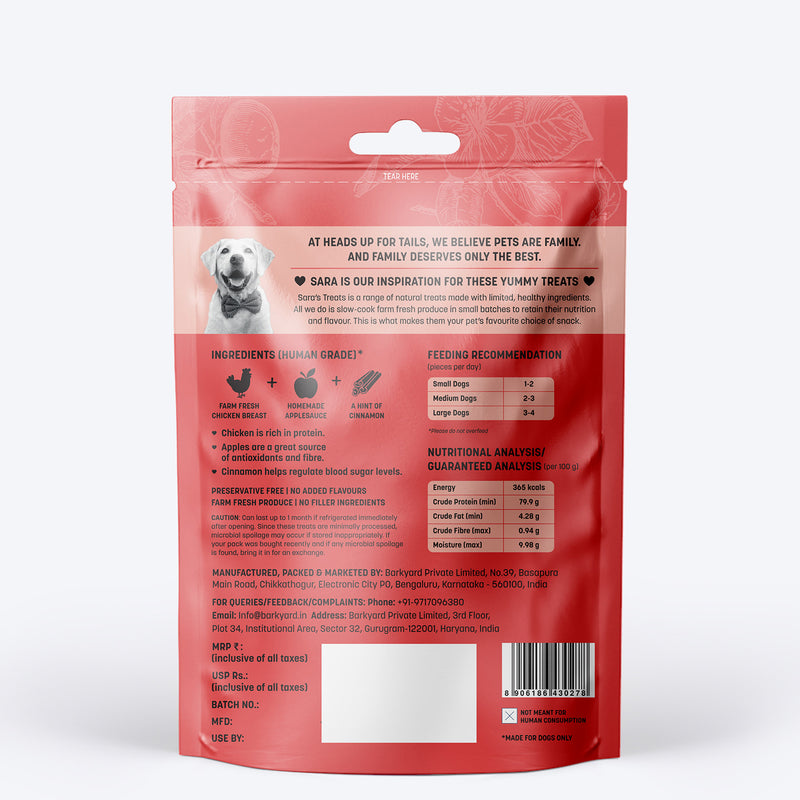 Sara's Doggie Treats Chicken Jerky with Applesauce, 70 g, featuring a dog on the packaging and natural ingredients.