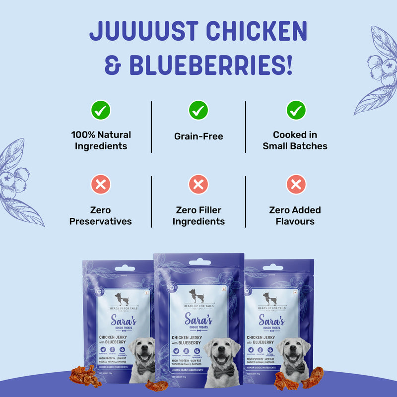 Sara's Doggie Treats Chicken Jerky with Blueberry, 70 gm, high protein, low fat, made with natural ingredients.