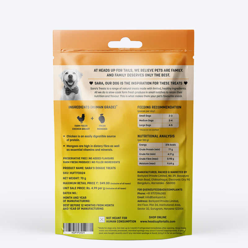 Sara's Doggie Treats Mango Chicken Jerky, 70 g, features high-protein, grain-free treats with natural ingredients.