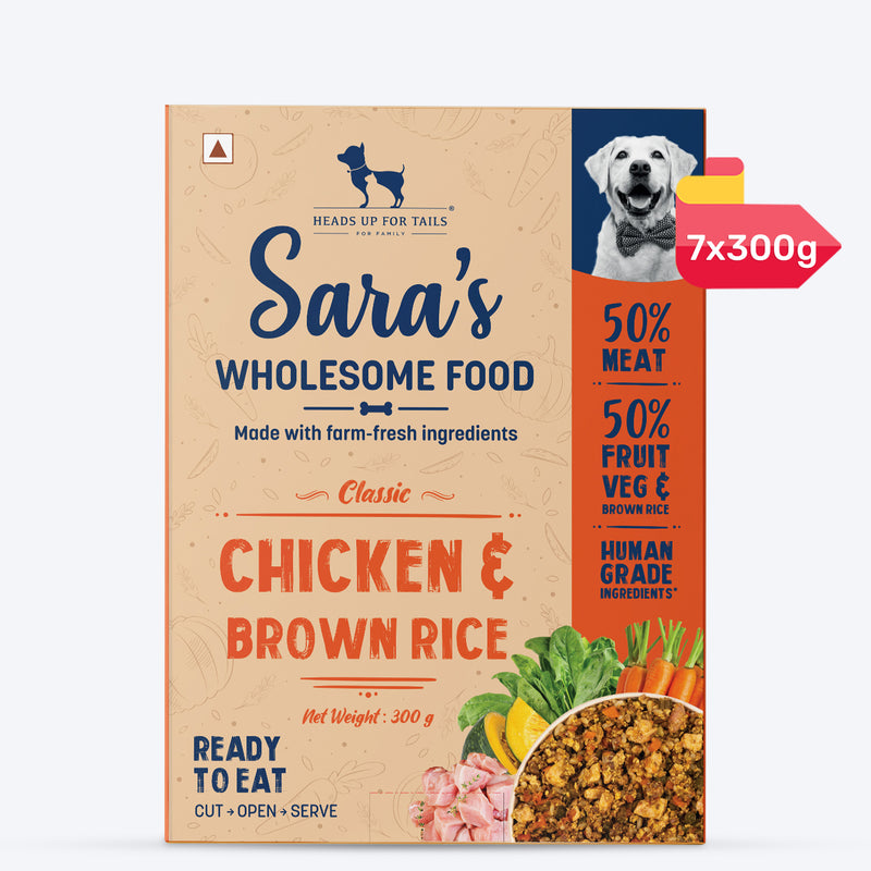 Sara's Wholesome Classic Chicken and Brown Rice Dog Food, 300g, made with 50% meat and 50% fruits and vegetables.