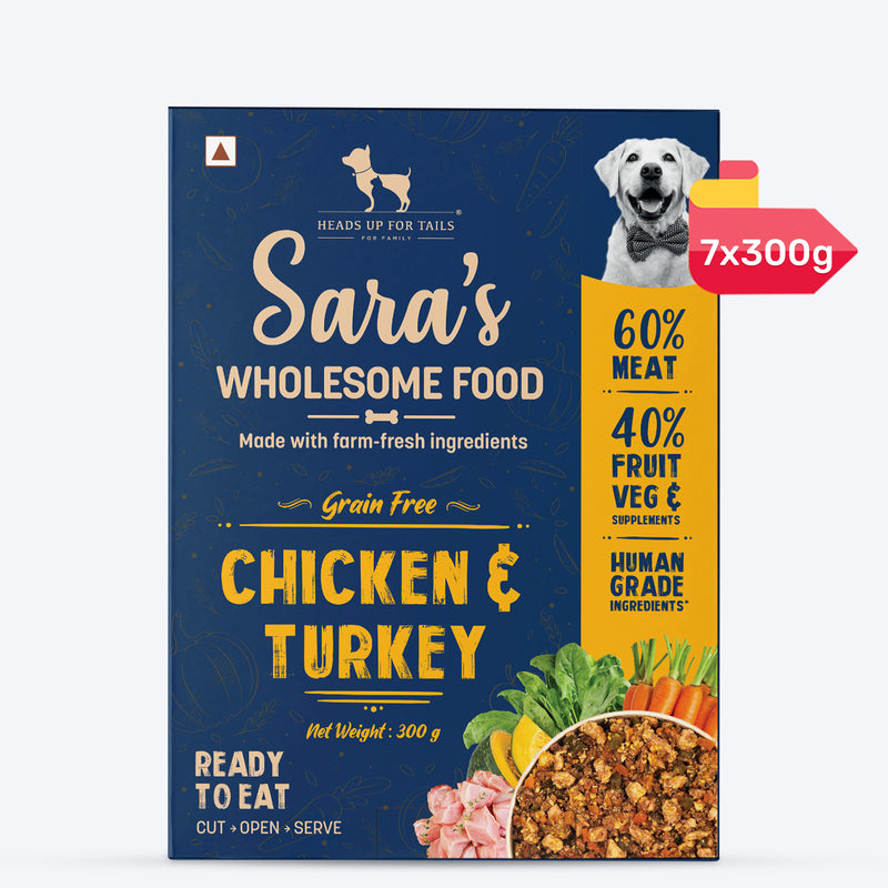 Sara's Wholesome Grain-Free Chicken and Turkey Dog Food, 300 g, made with 60% meat and 40% fruits and vegetables.