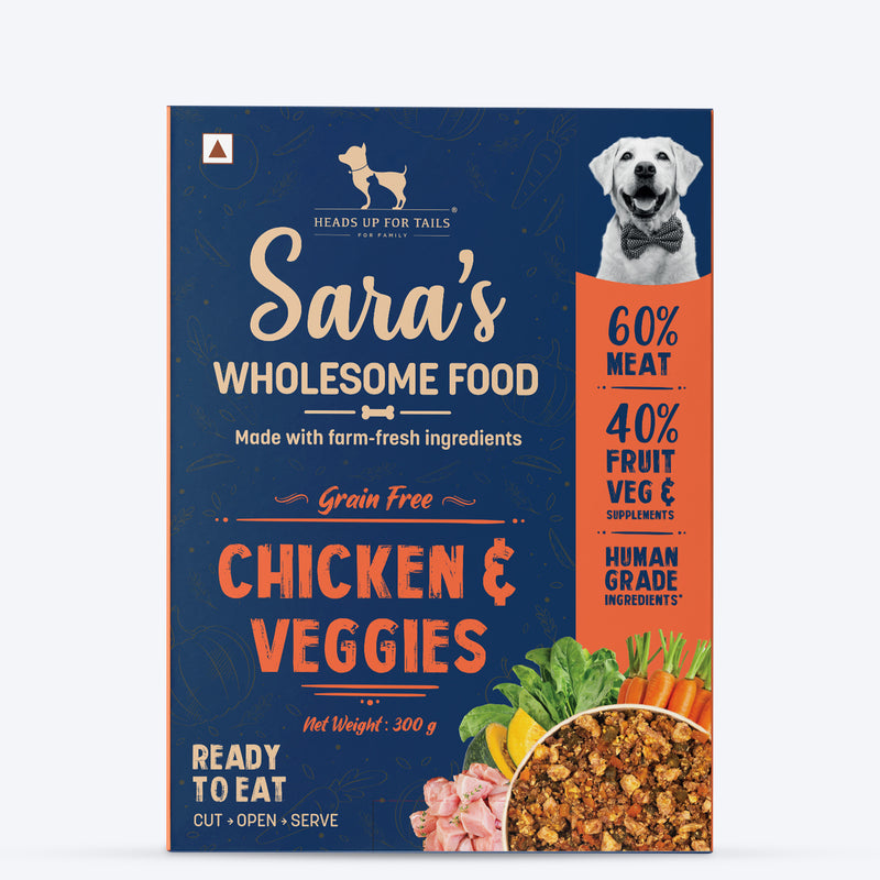 Sara's Wholesome Grain-Free Chicken & Veggies Dog Food, 300 gm, made with 60% meat and 40% fruits and veggies.