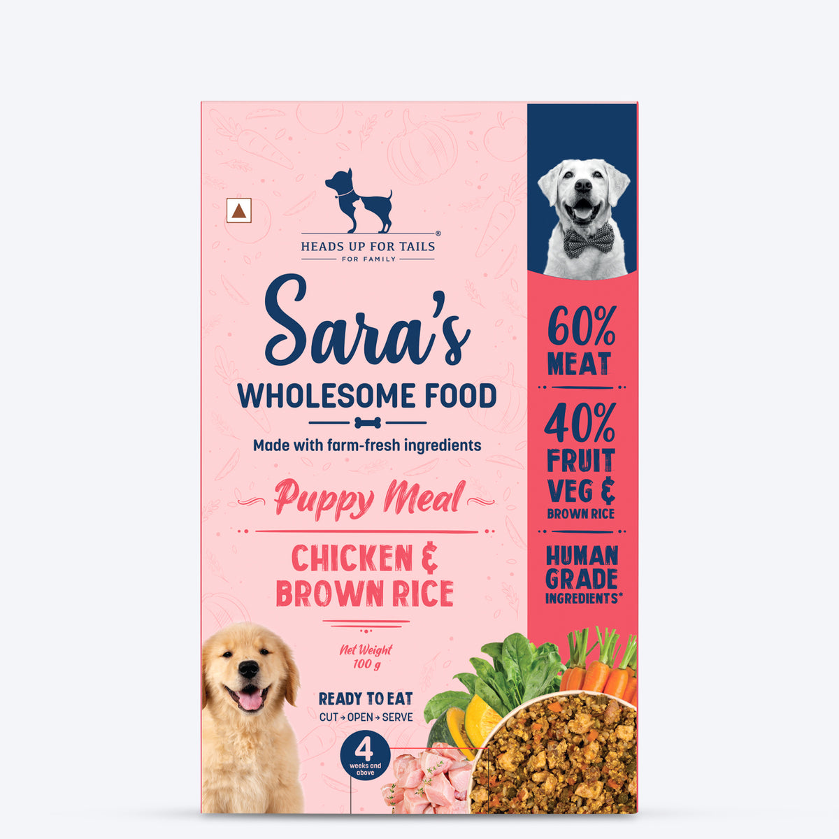 Sara's Wholesome Chicken & Brown Rice Fresh Puppy Food 100g, Human-Grade, All-Natural, Ready-to-Eat