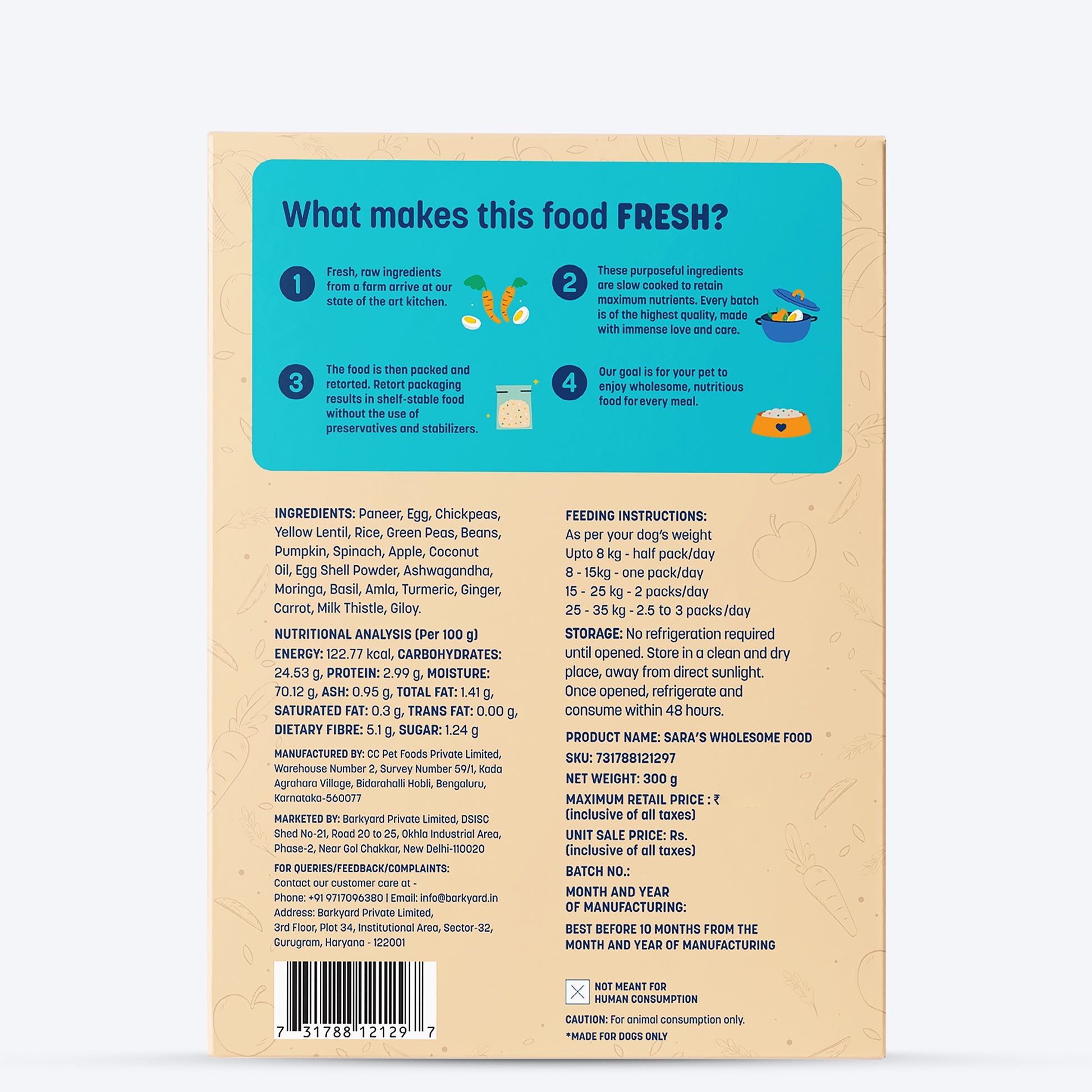 Sara's Wholesome Classic Paneer And Eggs Dog Food - 300 gm - Heads Up For Tails