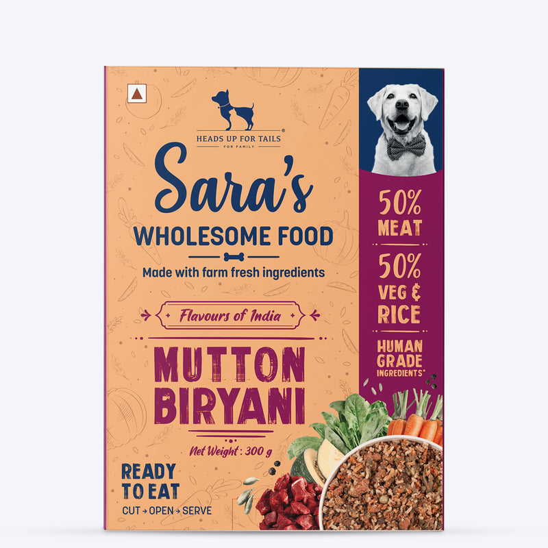 Sara's Wholesome Food Mutton Biryani, Flavours of India, 300 g, made with 50% meat and 50% vegetables and rice.