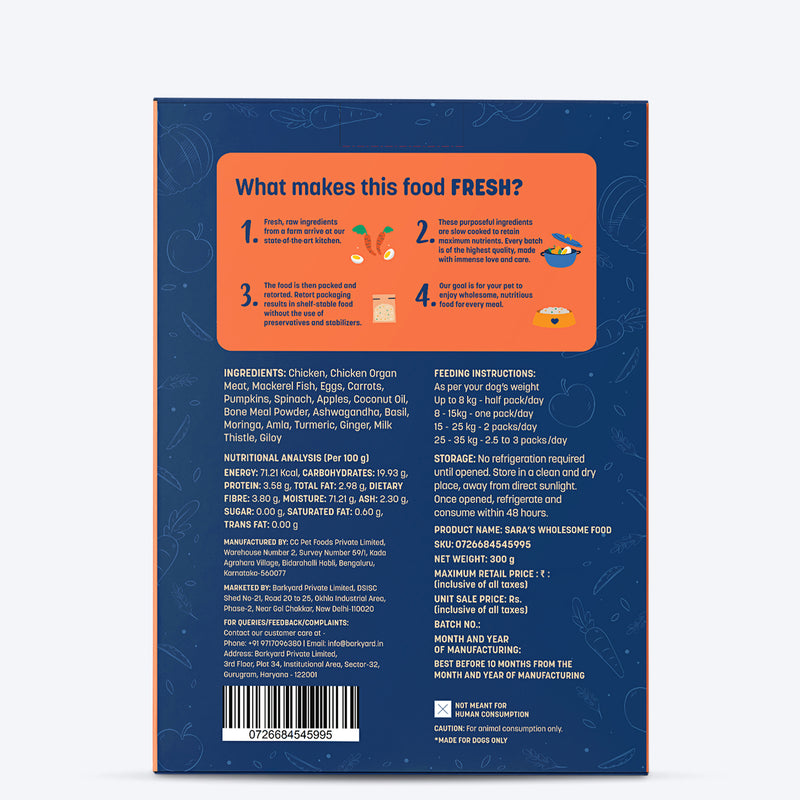 Sara's Wholesome Grain-Free Chicken & Veggies Dog Food, 300 gm, made with 60% meat and 40% fruits and veggies.