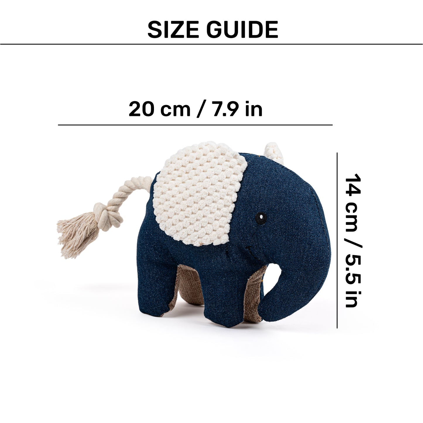 HUFT Jean Elephant With Rope Plush Toy For Dog - Navy Blue - Heads Up For Tails