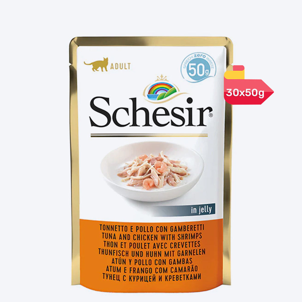 Schesir 34% Tuna & Chicken with Shrimps Wet Cat Food Pouch - 50 g - Heads Up For Tails