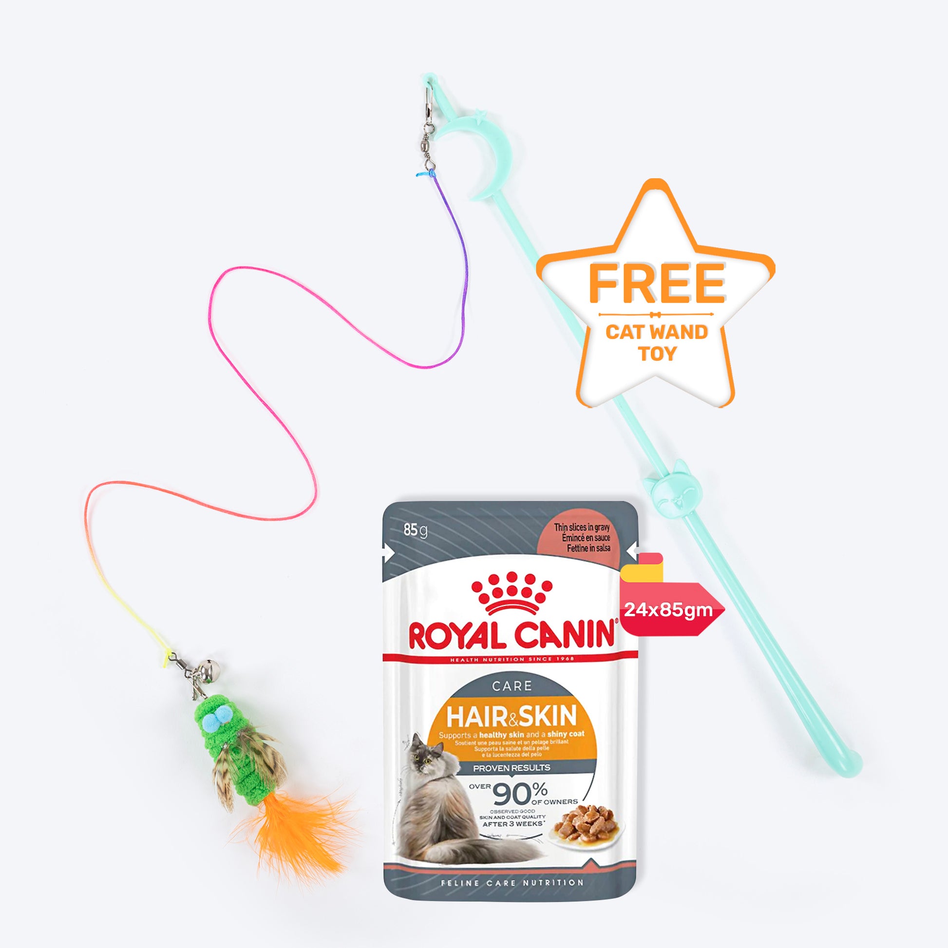 Royal Canin Wet Food & HUFT Whisker Wand Cat Toy : Shiny Coat & Playtime Combo - (24 x 85 gm) - Heads Up For Tails
