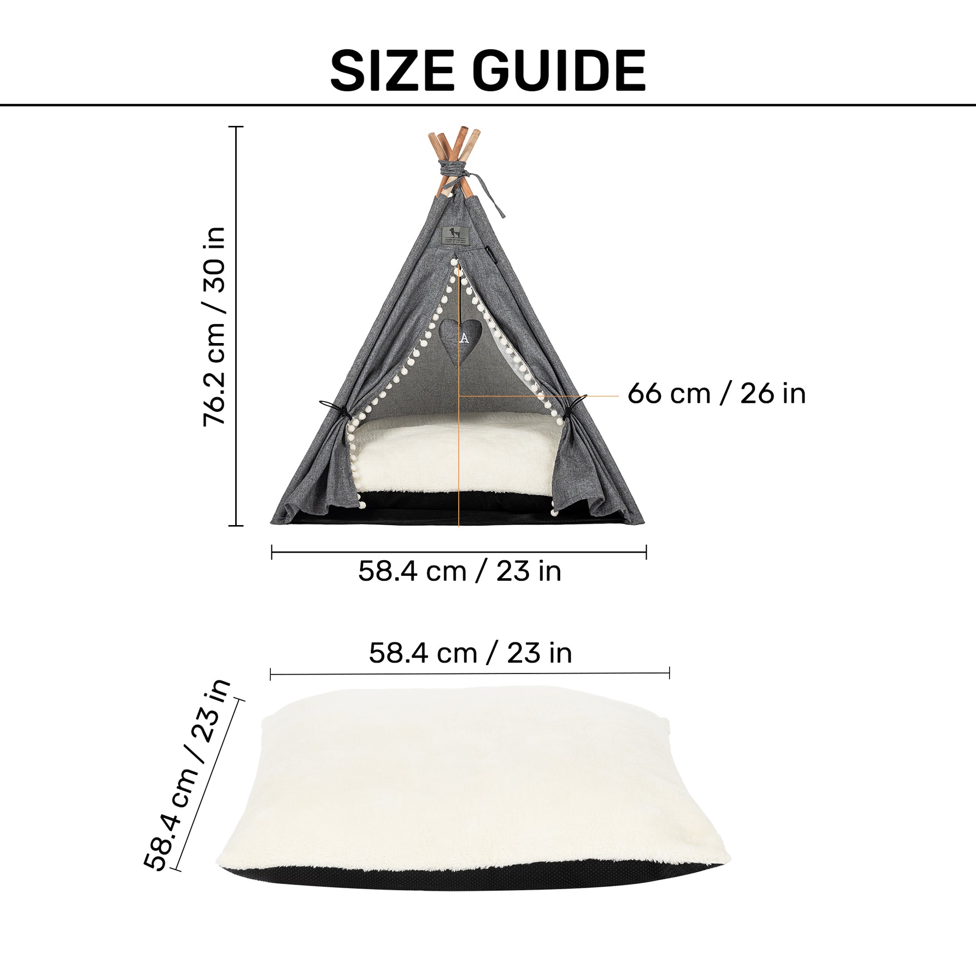 HUFT Personalised Cozy Fort Teepee Tent Bed For Dog & Cat - Charcoal Black - Heads Up For Tails