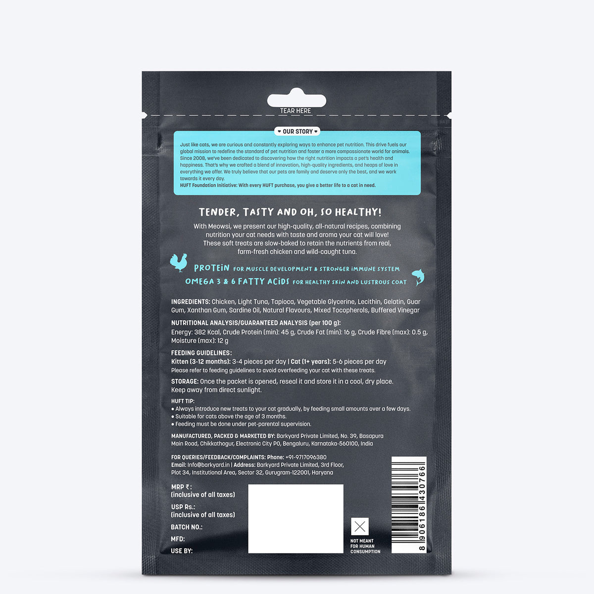 Meowsi by HUFT Light Tuna & Chicken Soft Cat Treats, 50 gm, supports healthy skin and coat with natural ingredients.