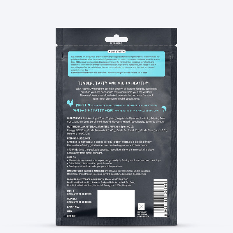 Meowsi by HUFT Light Tuna & Chicken Soft Cat Treats, 50 gm, supports healthy skin and coat with natural ingredients.