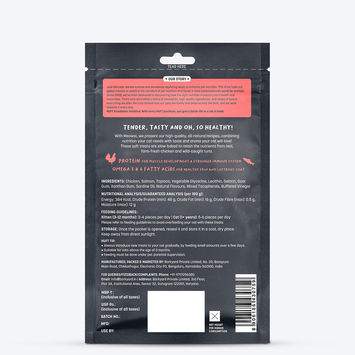 Meowsi by HUFT Salmon & Chicken Soft Cat Treats, 50 gm, features a pink packaging with a cat graphic and treats displayed.