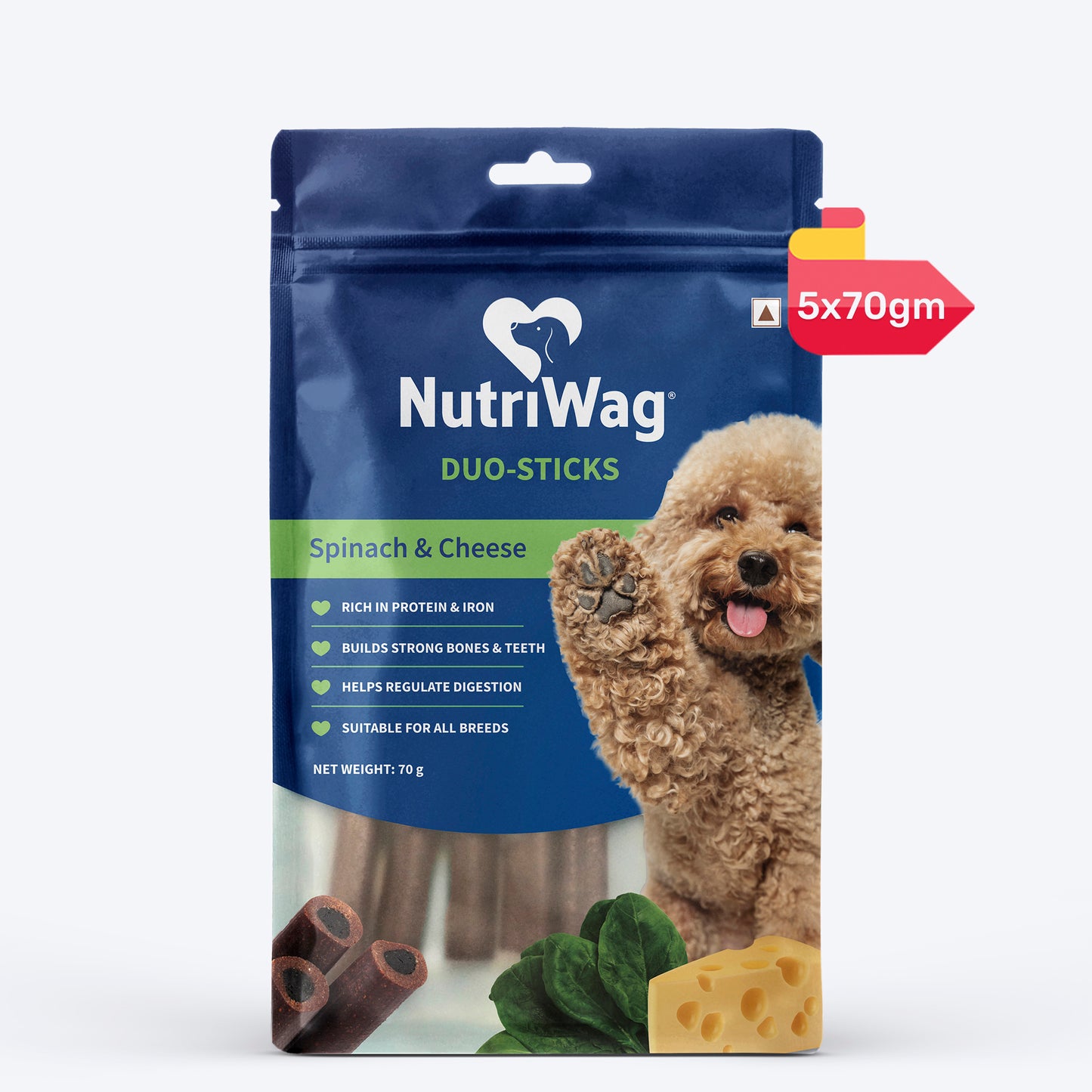 NutriWag Spinach & Cheese Duo Sticks Treats For Dog - 70 gm