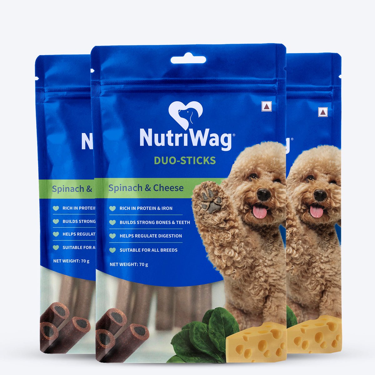 NutriWag Spinach & Cheese Duo Sticks Treats For Dog - 70 gm