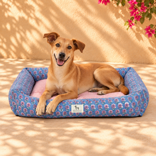 HUFT Jaipuri Phool Lounger Dog Bed - Blue & Pink