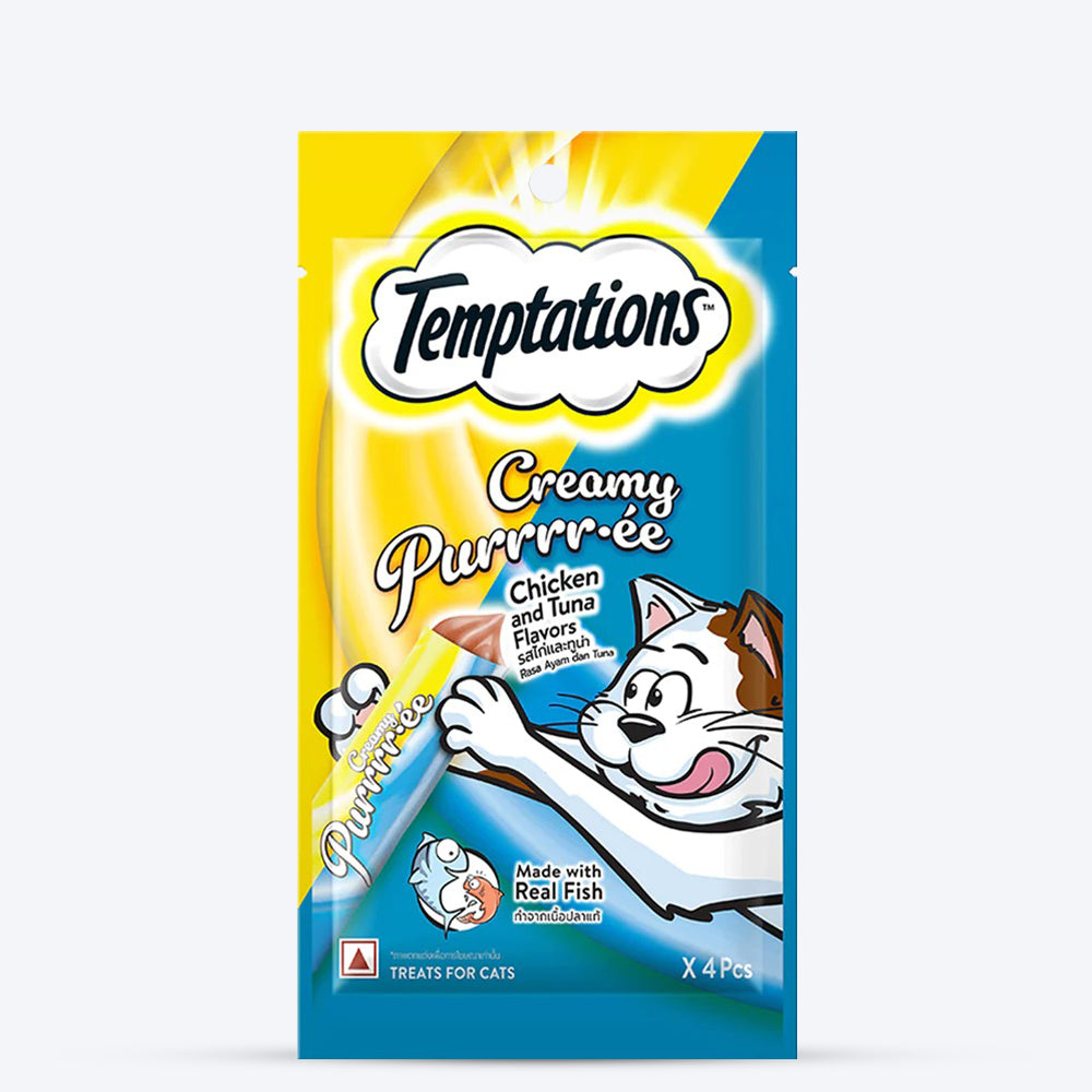 Temptations Creamy Purrrr-ee Cat Treats, Chicken & Tuna Flavour - 48 g (4 pieces) - Heads Up For Tails