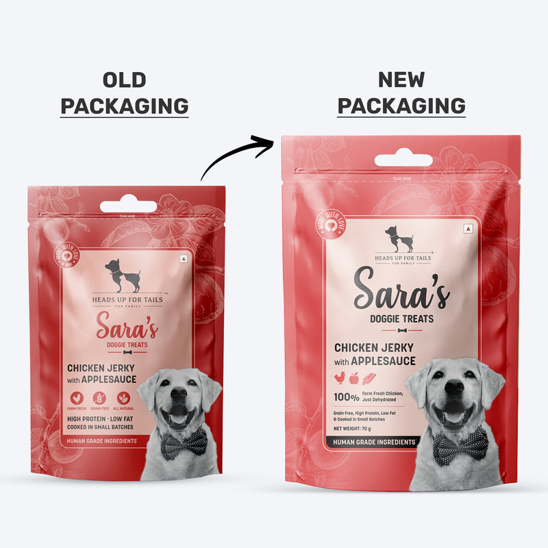 Sara's Doggie Treats Chicken Jerky with Applesauce, 70 g, featuring a dog on the packaging and natural ingredients.
