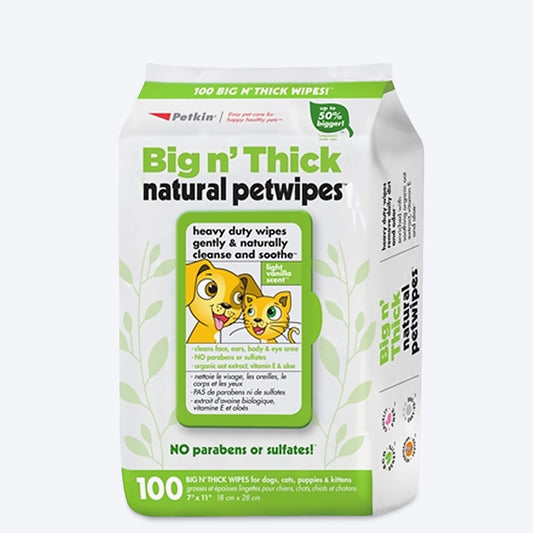 Petkin Big n' Thick Natural Pet Wipes For Dogs & Cats - 100 Pieces - Heads Up For Tails
