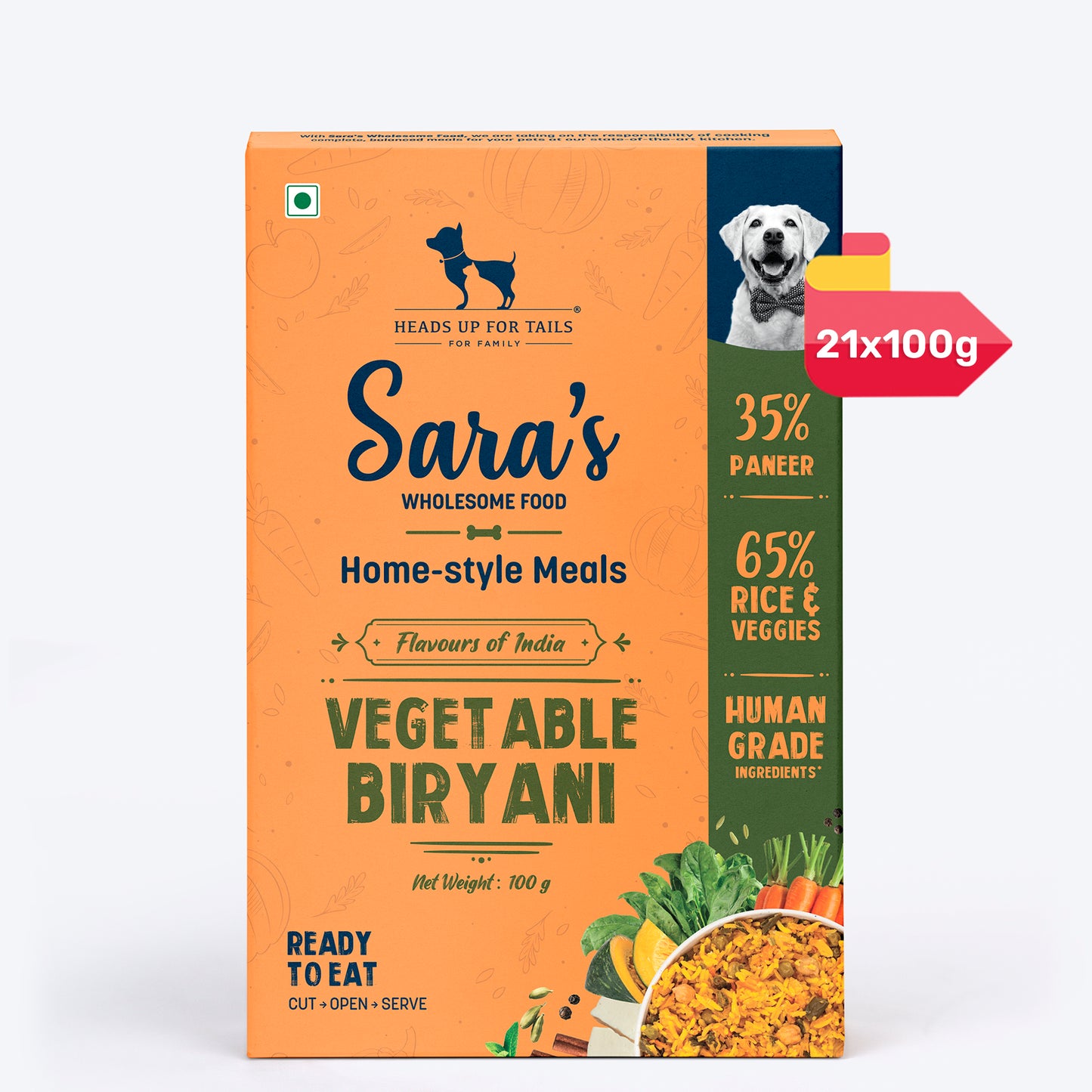 Sara's Wholesome Flavours of India Vegetable Biryani Wet Dog Food, 100% Vegetarian, Human-Grade Ingredients – Preservative-Free, Farm-Fresh - Heads Up For Tails