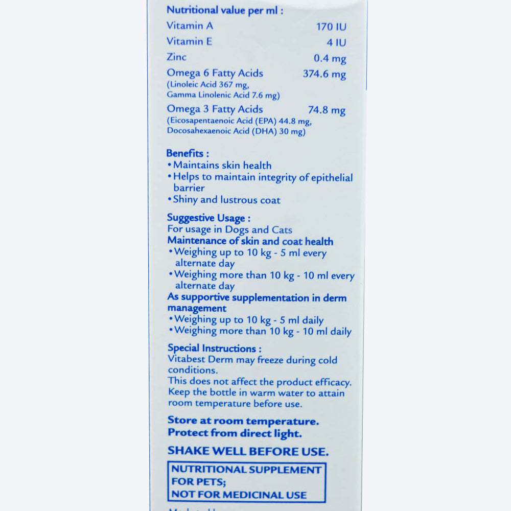 Virbac Vitabest Derm Omega 3+6 Syrup For Dog and Cat - 250 ml - Heads Up For Tails