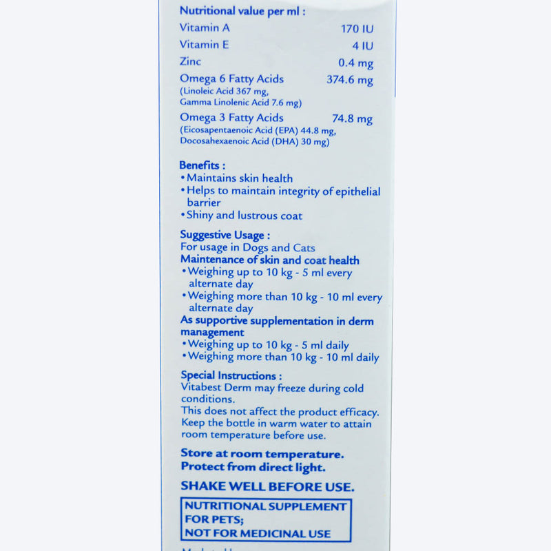 Virbac Vitabest Derm Omega 3+6 Syrup For Dog and Cat - 250 ml - Heads Up For Tails