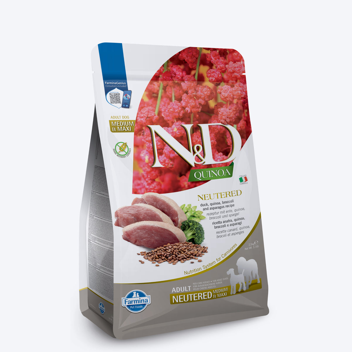 Farmina N&D Quinoa Neutered Duck, Broccoli & Asparagus Medium & Maxi Breed Dry Adult Dog Food - 2.5 kg, Digestive Support, Calcium Source
