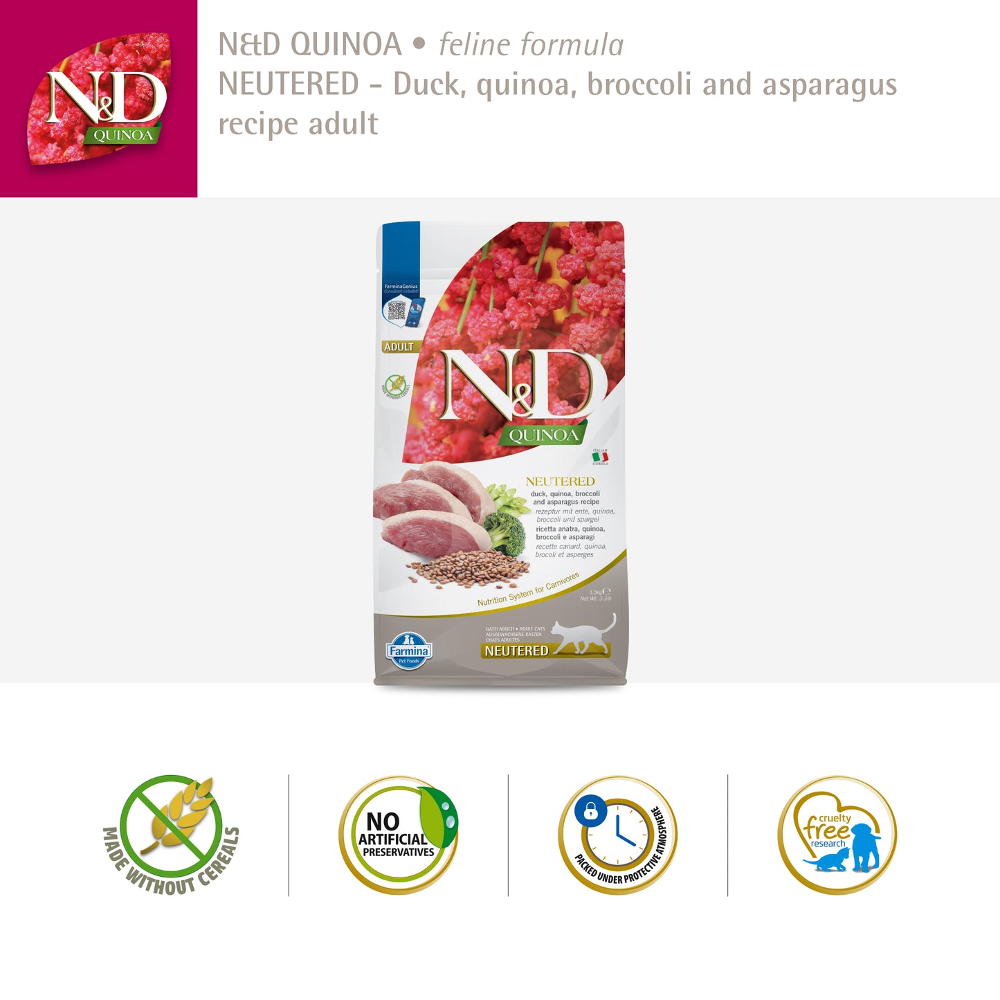 Farmina N&D Quinoa Neutered Duck, Broccoli & Asparagus Dry Food For Adult Cat - 1.5 kg - Heads Up For Tails