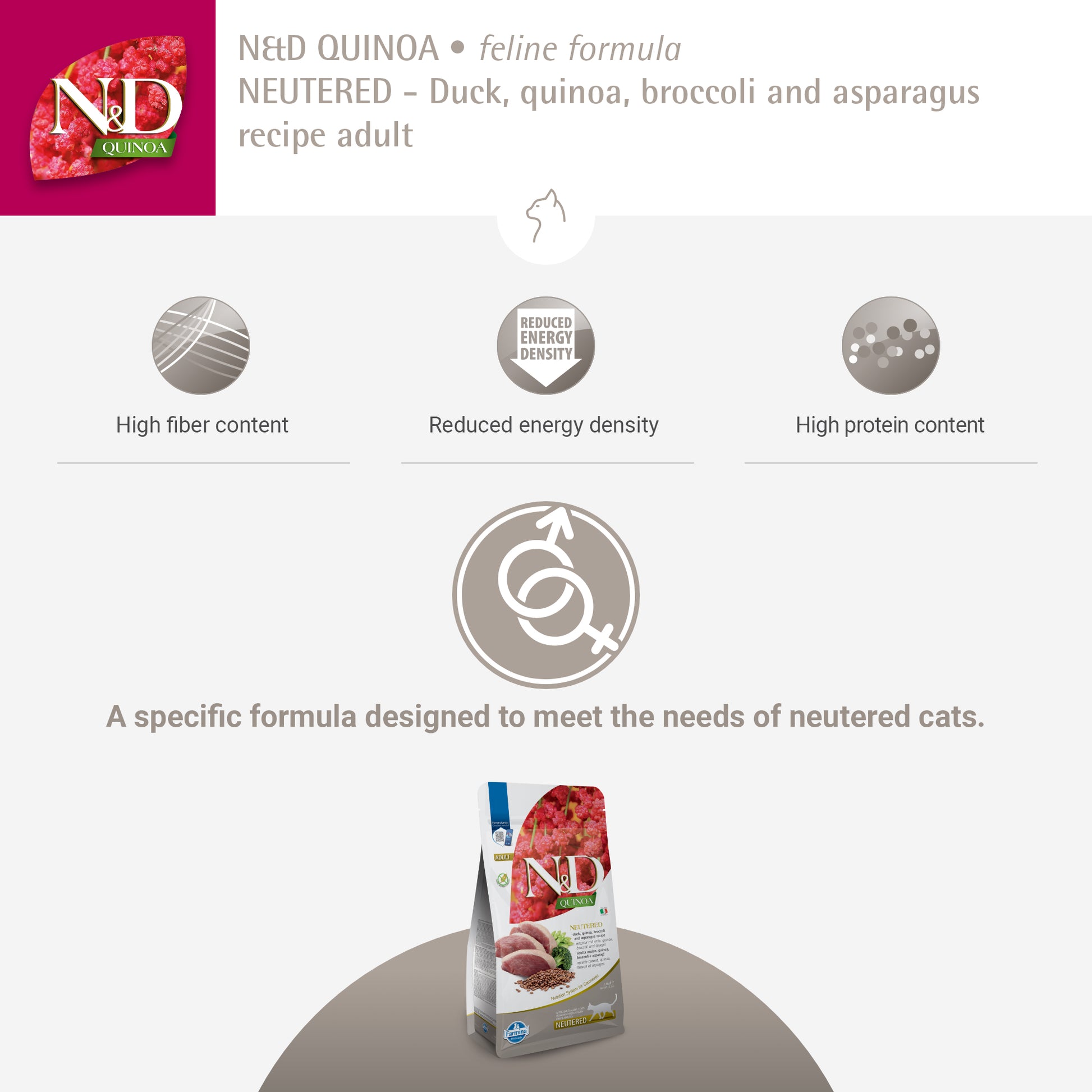 Farmina N&D Quinoa Neutered Duck, Broccoli & Asparagus Dry Food For Adult Cat - 1.5 kg - Heads Up For Tails