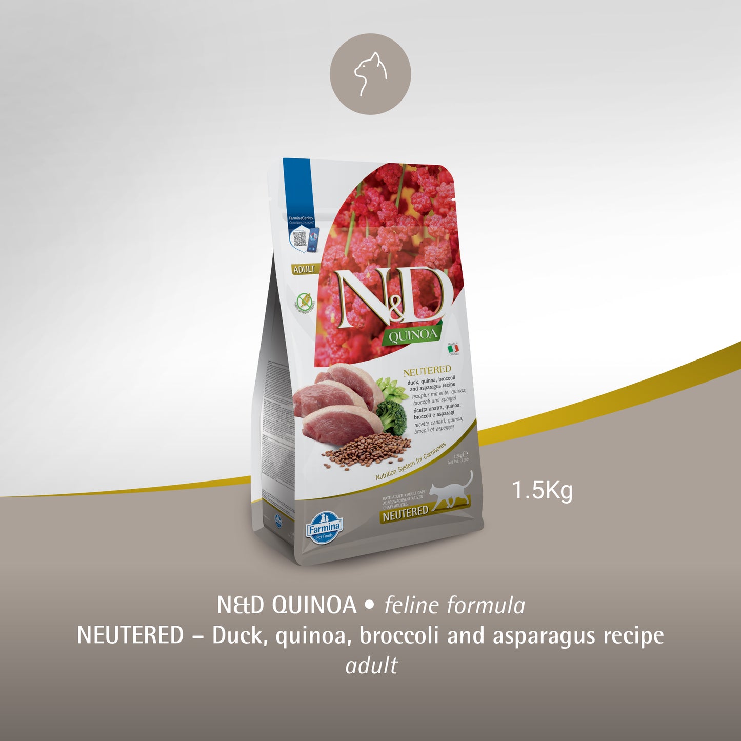 Farmina N&D Quinoa Neutered Duck, Broccoli & Asparagus Dry Food For Adult Cat - 1.5 kg - Heads Up For Tails